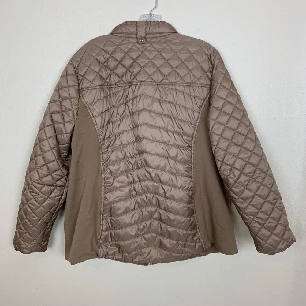 Susan Graver Womens XL Quilted Jacket Ponte Side Panels Zip Pockets Tan Puffer - Picture 3 of 14